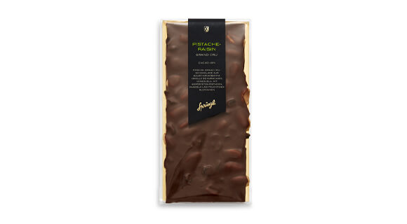 Grand Cru chocolate slab with pistachios and raisins, 49% cacao